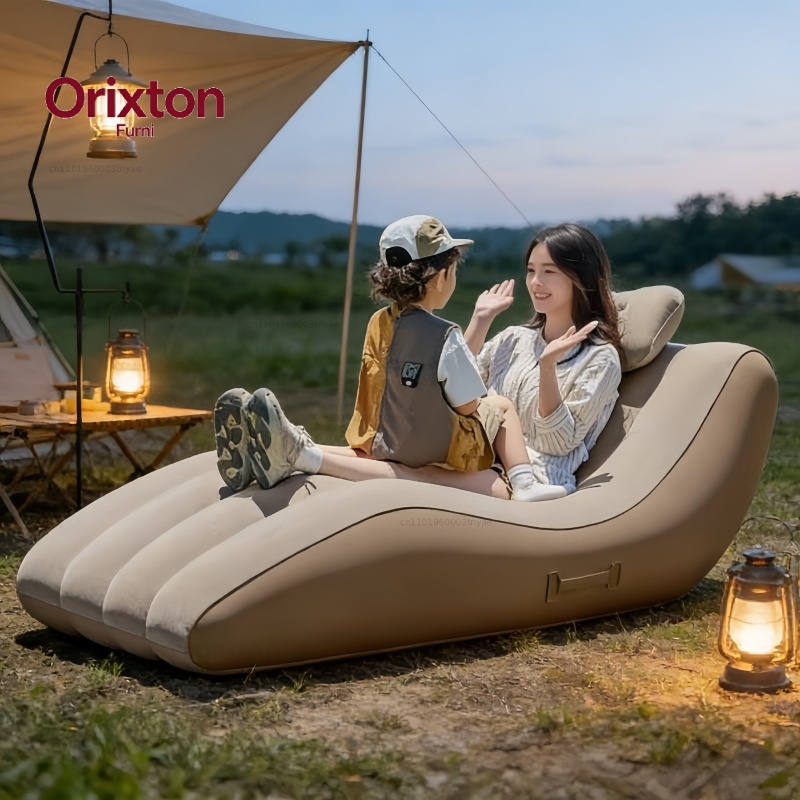 Outdoor Furniture Lounge Chair - เก้าอี้พักผ่อนพกพาแบบพองลมได้เองสำหรับใช้งานกลางแจ้ง - โซฟาสำหรับแคมป์ปิ้งกันน้ำพร้อมหมอนและหูหิ้ว เหมาะสำหรับชายหาดและสนามหญ้า