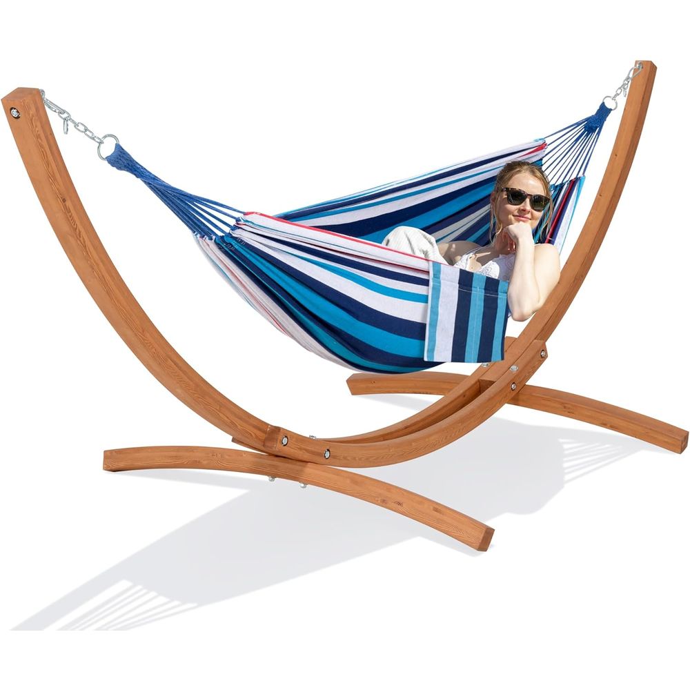 Hammock With Stand - เปลญวนกลางแจ้งพร้อมขาตั้งในตัว, เปลญวนแบบพกพาพร้อมขาตั้งไม้ขนาด 10 ฟุต, ลายทางสีน้ำเงิน